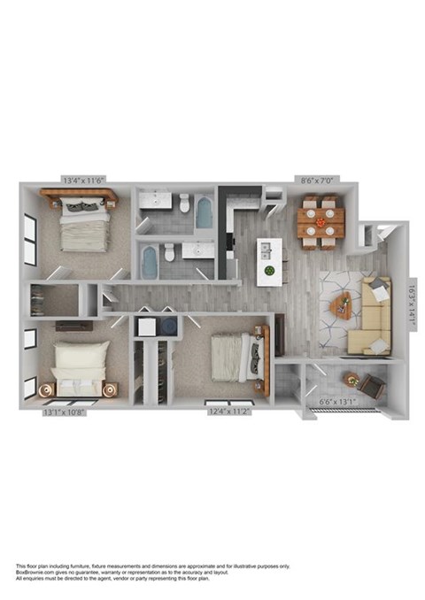 Floor plan for 3 beds, 2 baths, 1191 sqft